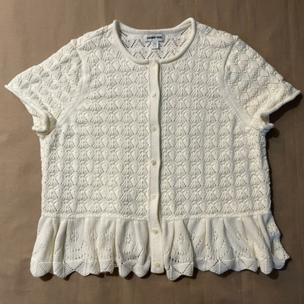 Lands' End Women's Pointelle Ruffle Hem Cardigan Sweater 2X Ivory Boho Cottage